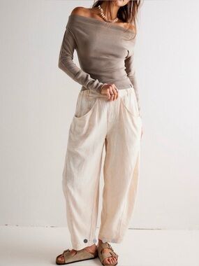 Free People Cream Wide Leg Linen Pants